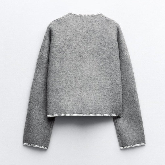 New ZARA Contrast Topstitching Crop Knit Sweater - Picture 6 of 8